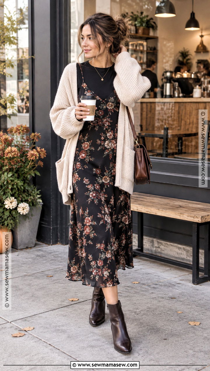 Floral Slip Dress With Chunky Cardigan And Boots - 15 Autumn Floral Dress Ideas