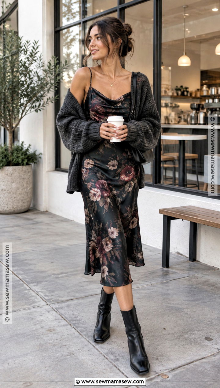 Floral Slip Dress With Chunky Cardigan - 15 floral print fall outfit ideas