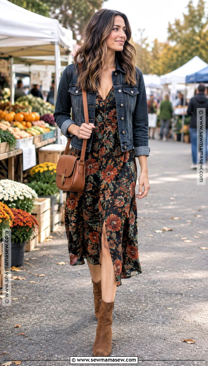 Floral Slip Dress With Denim Jacket - 20 slip dress fall outfit ideas