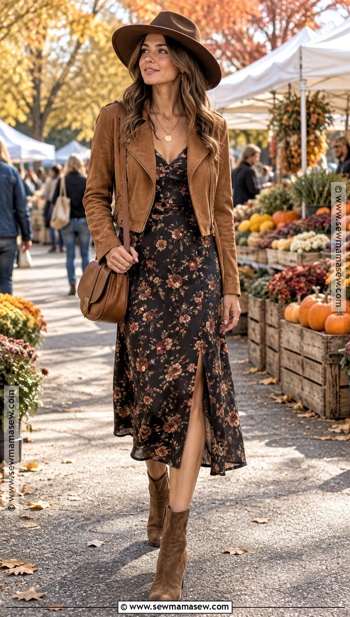 Floral Slip Dress With Suede Jacket - 20 slip dress outfit fall ideas