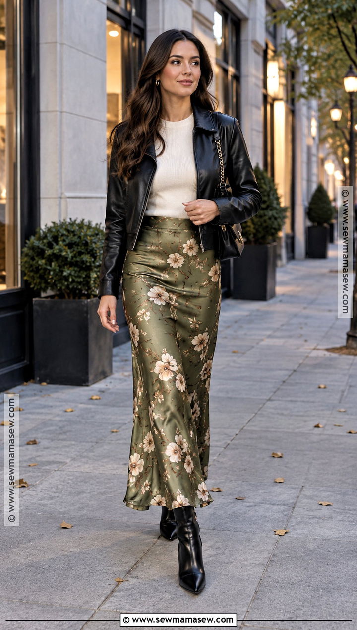 Floral Slip Skirt With Leather Jacket - 15 autumn floral skirt style ideas