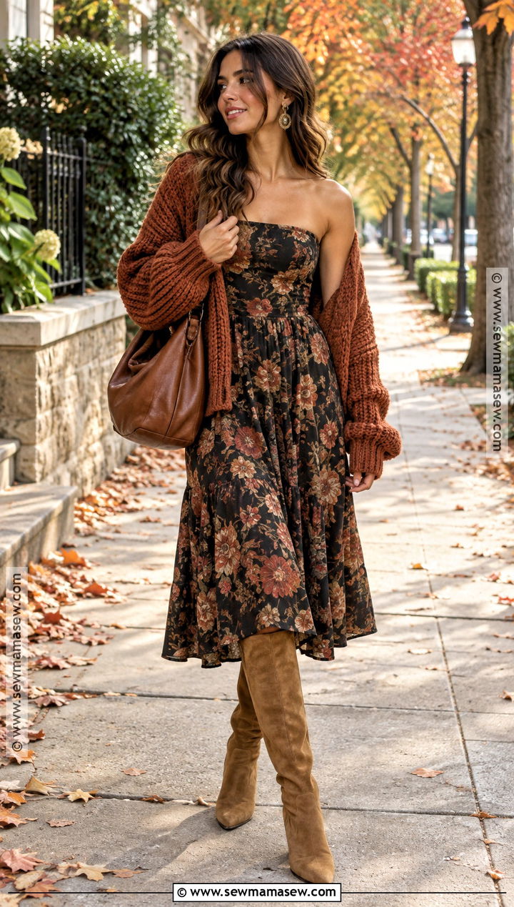 Floral Strapless Dress With Chunky Cardigan And Suede Boots - 15 Strapless Dress Fall Outfit Ideas