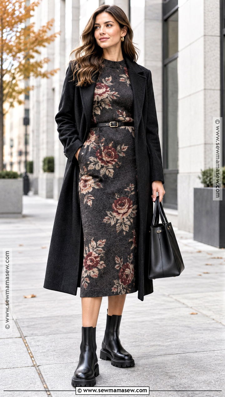 Floral Sweater Dress With Chelsea Boots - 15 Floral Autumn Dresses