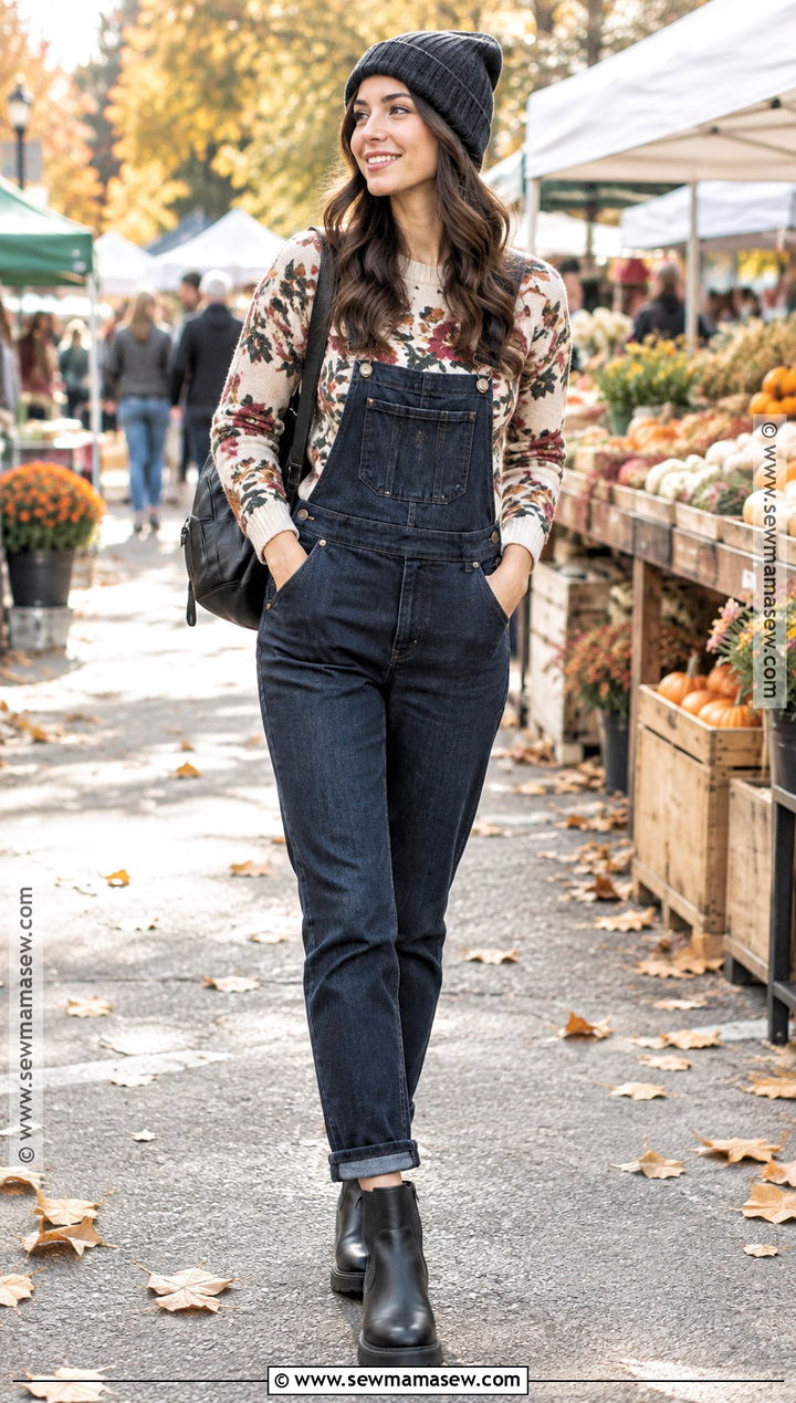 Floral Sweater With Denim Overalls - 15 autumn floral sweater style ideas