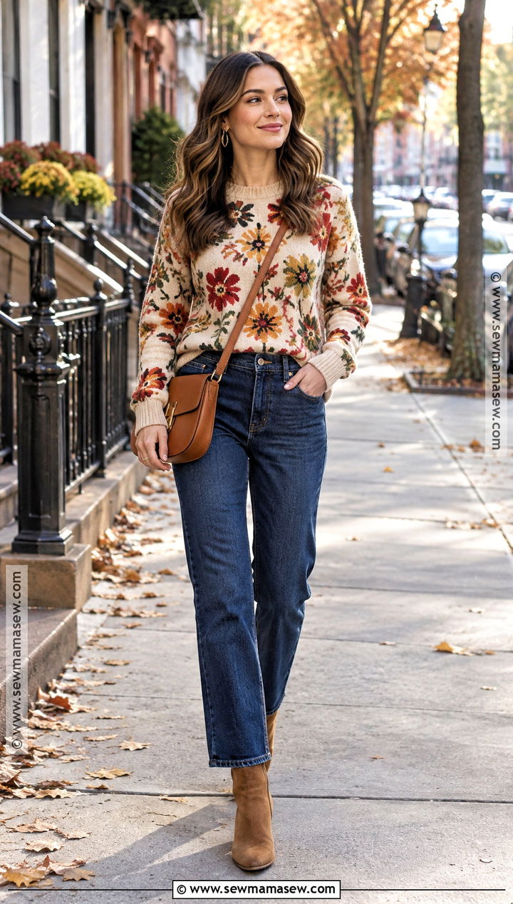 Floral Sweater With Straight Leg Jeans - 15 autumn floral sweater style ideas