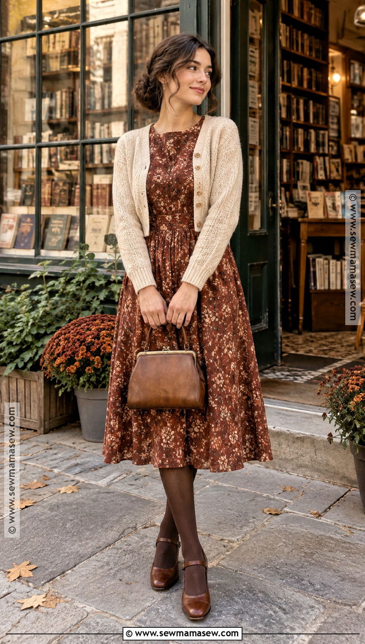 Floral Tea Dress And Cardigan Autumn Outfit - 25 autumn aesthetic outfit vintage ideas