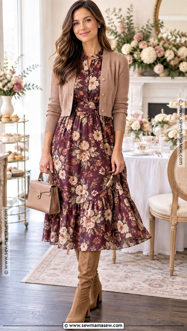 Floral Tea Dress And Knee High Boots Baby Shower Outfit - 20 fall baby shower guest outfit ideas