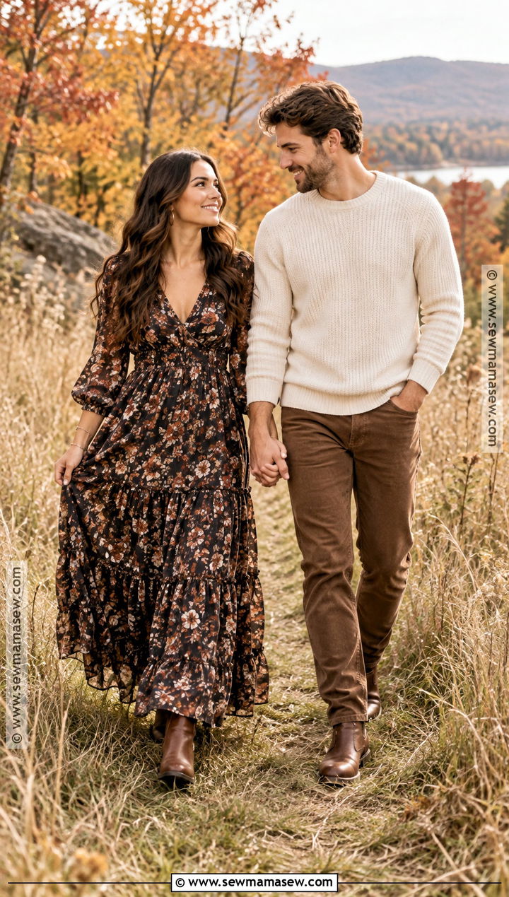 Floral Tiered Maxi Dress With Ankle Boots - 15 boho engagement photos outfits fall