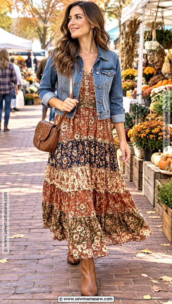 Floral Tiered Maxi Dress With Denim Jacket - 15 Floral Autumn Dresses