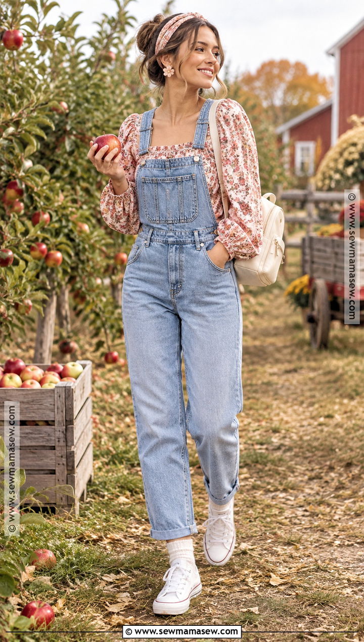 Floral Top And Denim Overalls Soft Girl Fall Outfit - 20 Soft Girl Fall Outfits