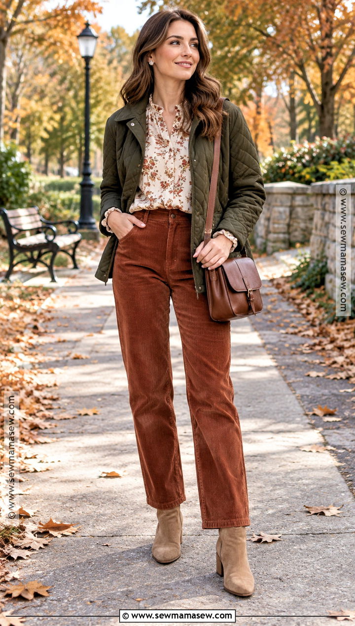 Floral Top With Corduroy Pants And Suede Boots - 15 Floral Top Outfit Fall Ideas