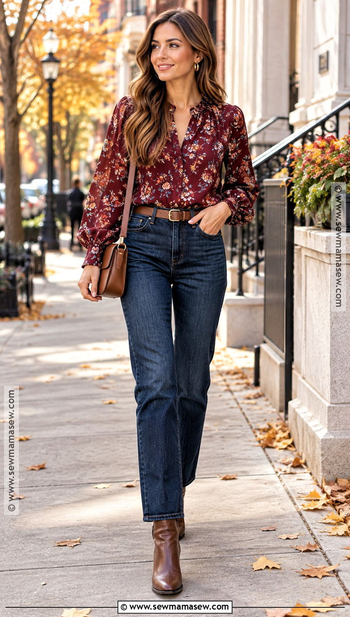 Floral Top With Dark Wash Jeans And Ankle Boots - 15 Floral Top Outfit Fall Ideas