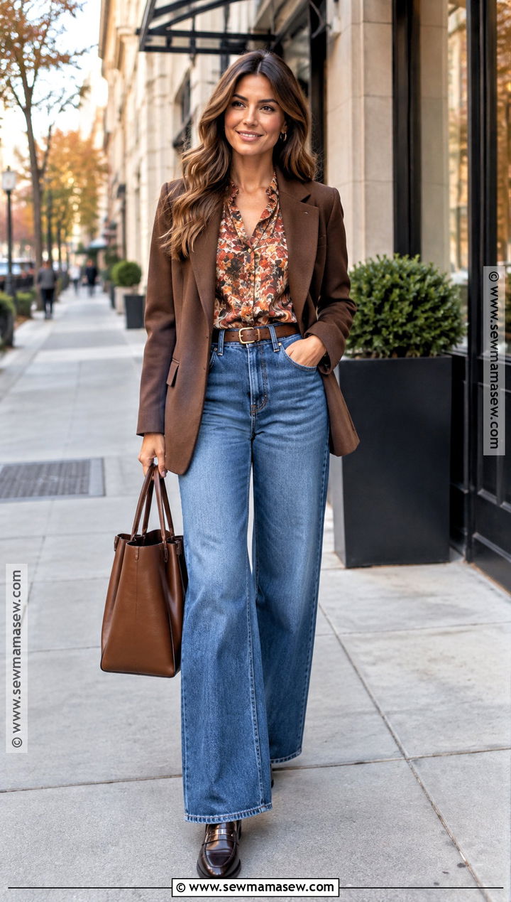 Floral Top With Wide Leg Jeans And Blazer - 15 Floral Top Outfit Fall Ideas