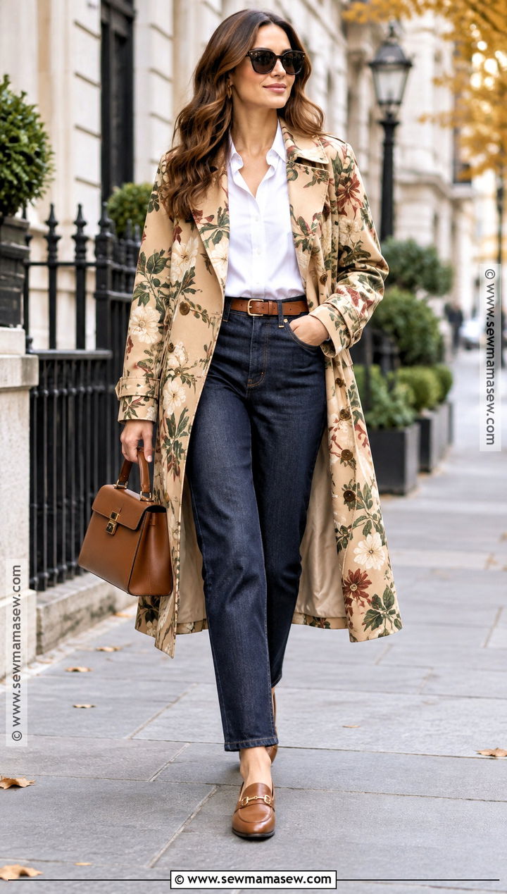 Floral Trench Coat With White Shirt And Dark Denim - 15 autumn floral coat style ideas