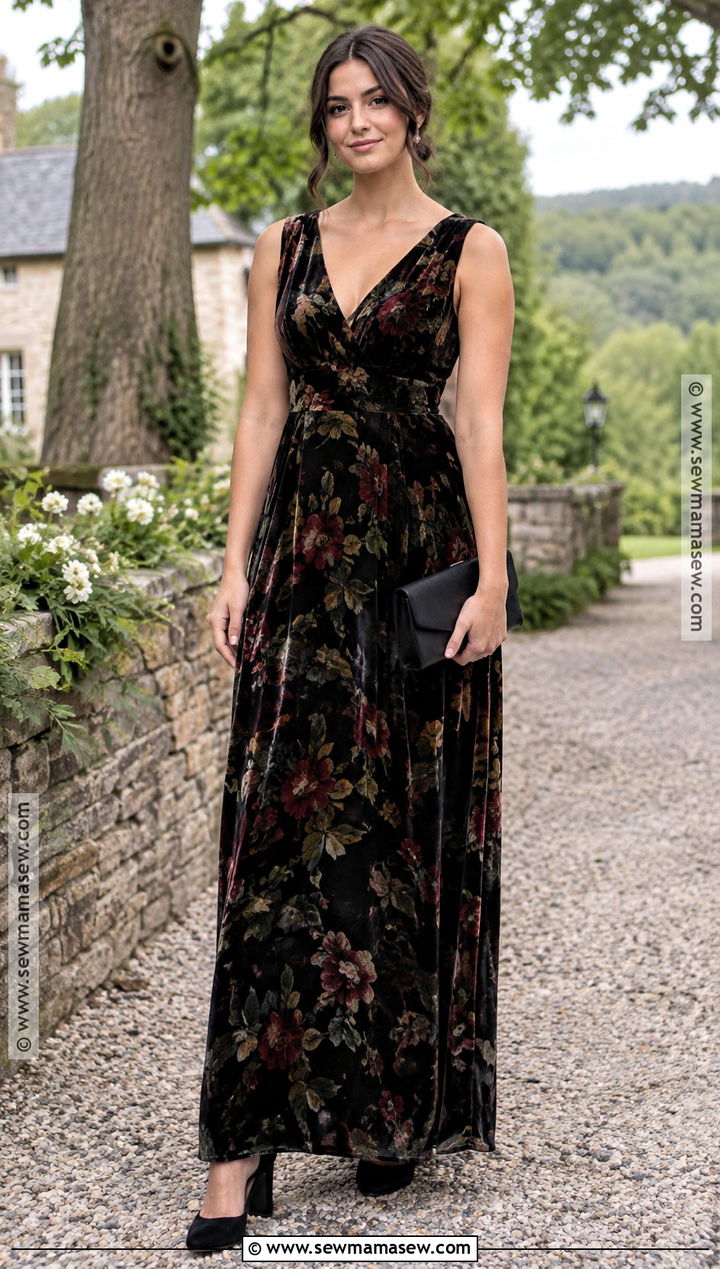 Floral Velvet Bridesmaid Dress With Simple Heels - 25 bridesmaid dresses fall