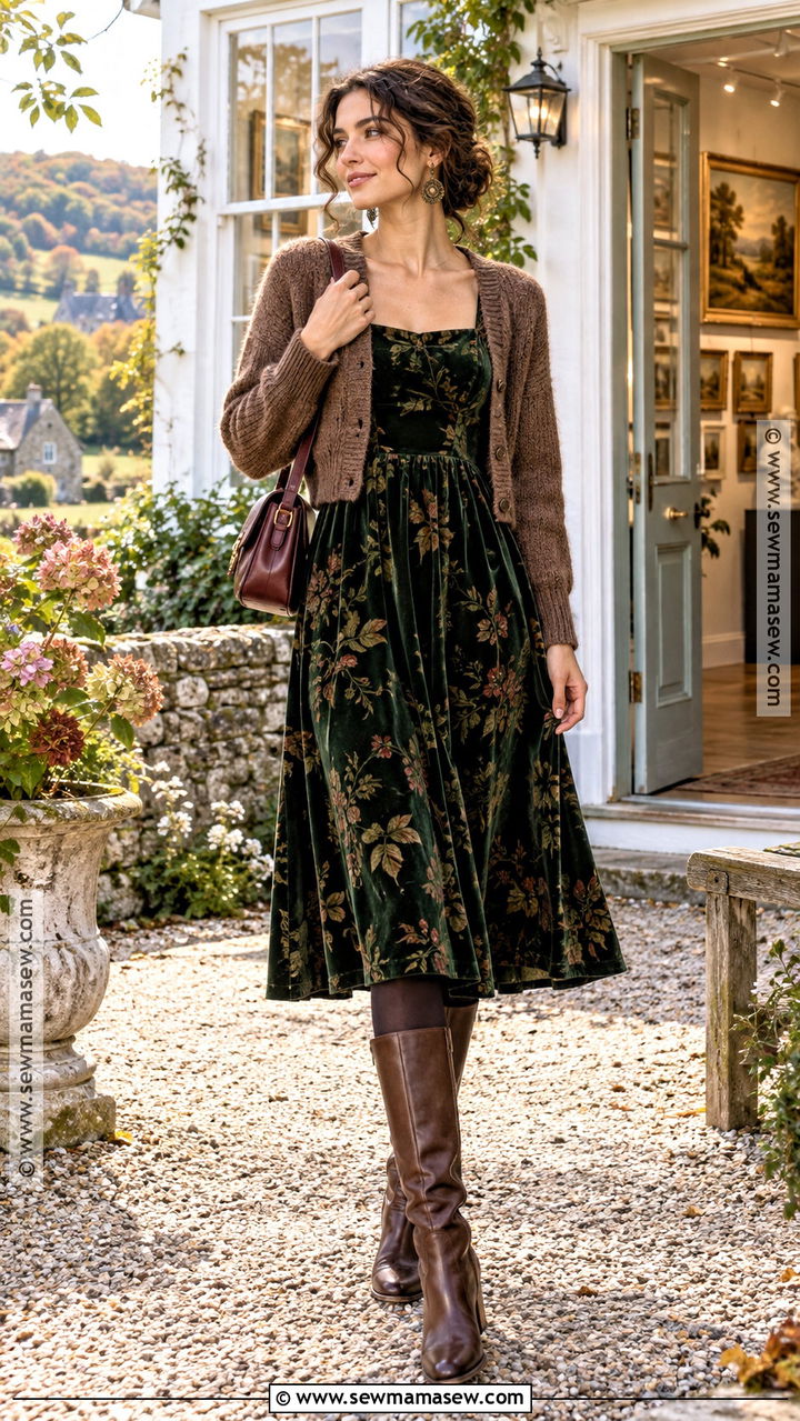 Floral Velvet Dress Fall Cottage Outfit - 20 Fall Cottage Outfits