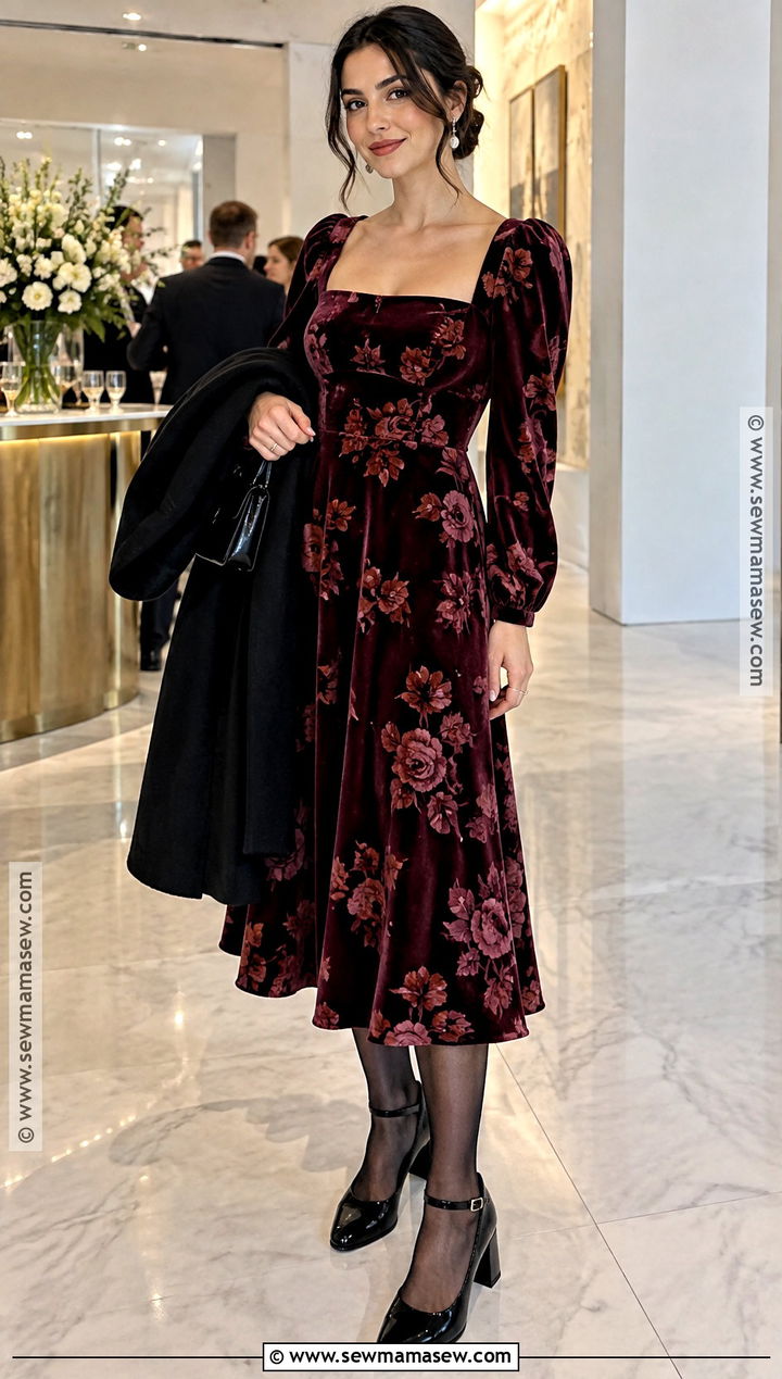 Floral Velvet Dress With Mary Jane Shoes - 15 Floral Autumn Dresses