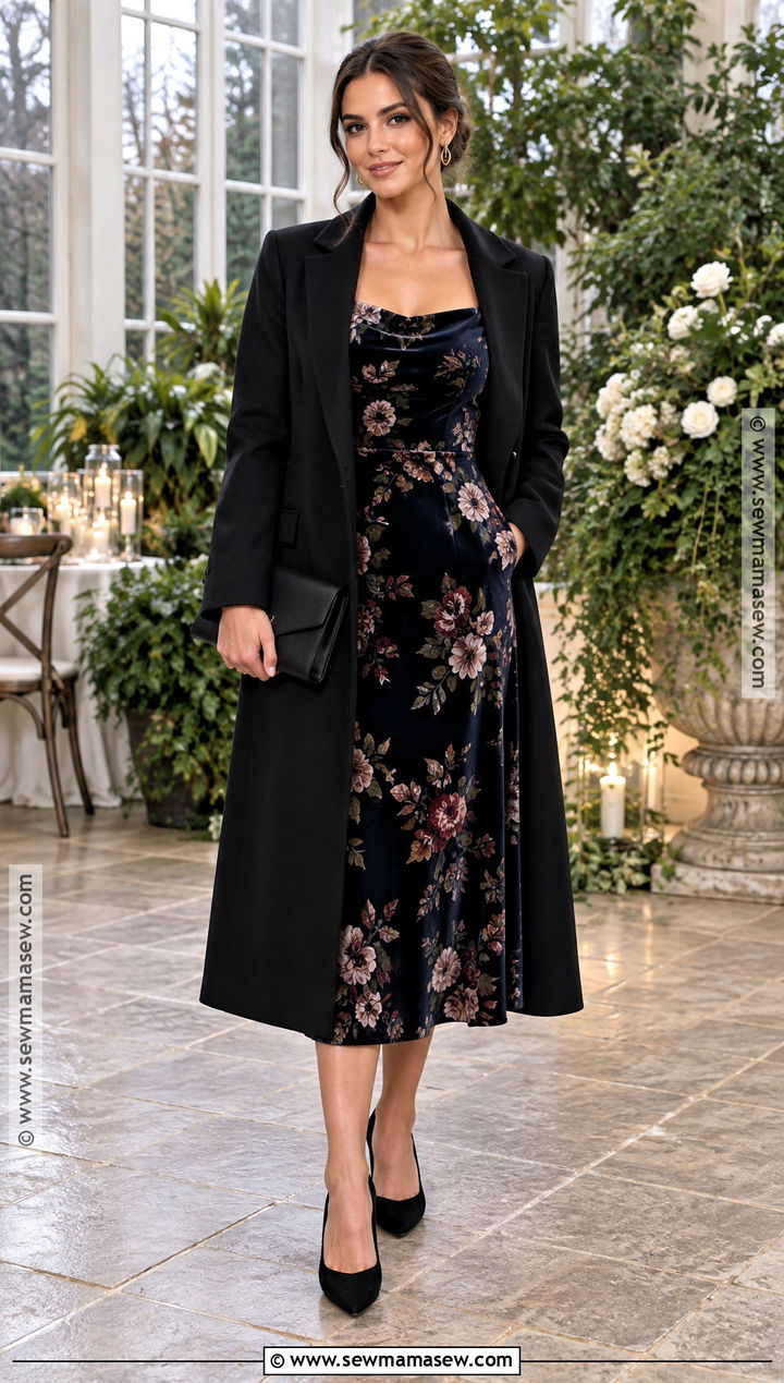 Floral Velvet Midi Dress Outfit - 15 november wedding party attire ideas