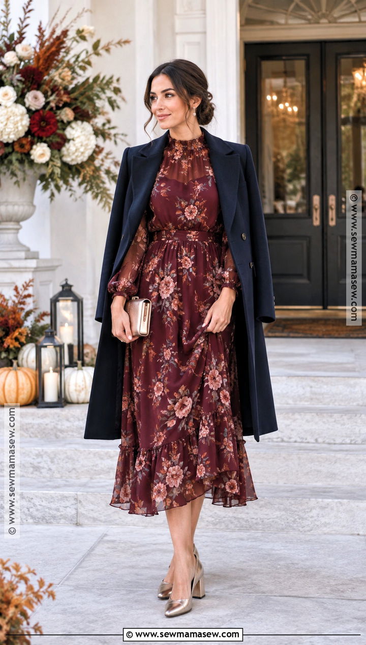 Floral Wedding Guest Dress With Block Heels - 15 Autumn Floral Dress Ideas