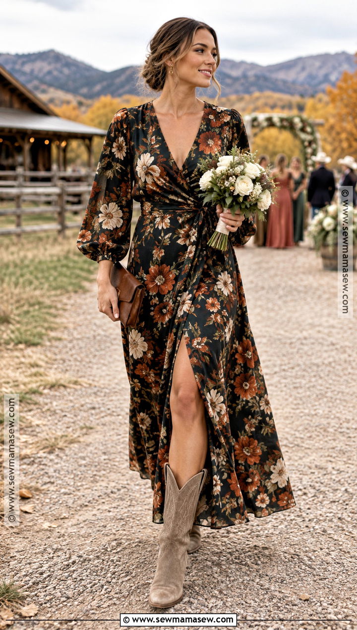 Floral Western Bridesmaid Dress With Neutral Cowboy Boots - 15 Western Fall Bridesmaid Dresses
