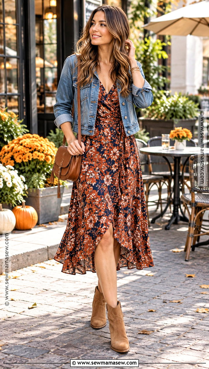 Floral Wrap Dress With Denim Jacket And Boots - 15 Fall Floral Dress Outfit Ideas