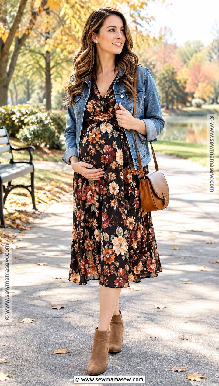 Floral Wrap Maternity Dress With Denim Jacket - 15 fall dresses maternity