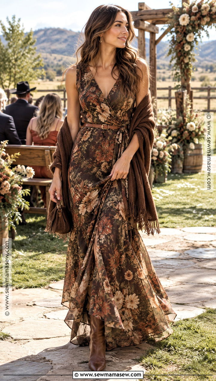 Floral Wrap Maxi Dress With Brown Ankle Boots - 20 fall western wedding guest outfit ideas