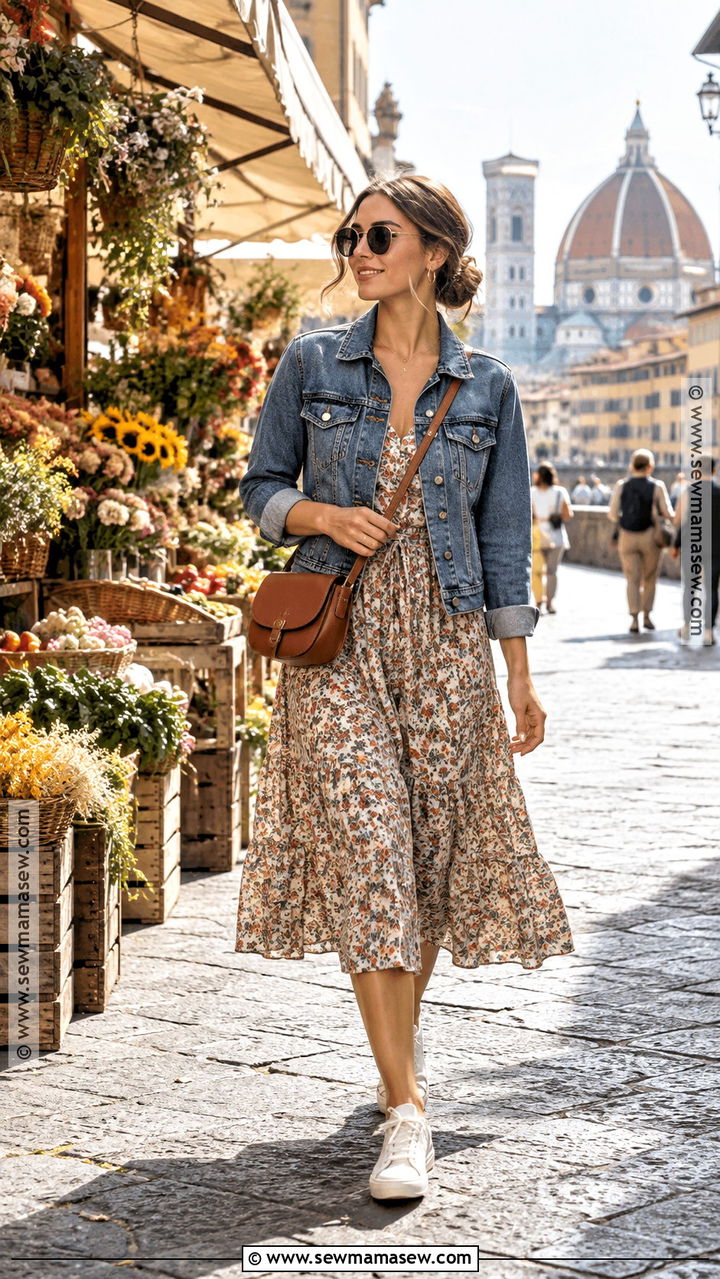 Florence Fall Denim Jacket And Midi Dress Outfit - 20 Florence Outfits Fall