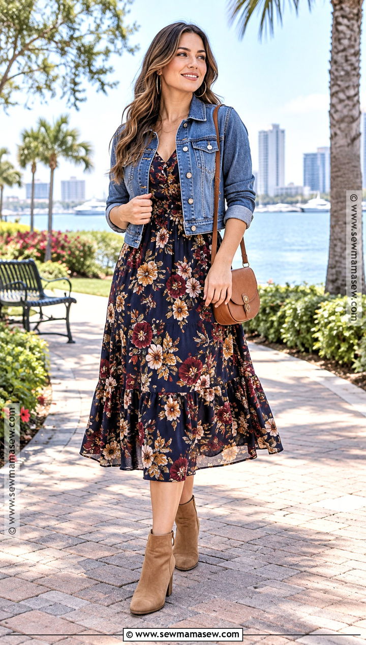 Florida Fall Denim Jacket With Floral Midi Dress - 20 Fall In Florida Outfits