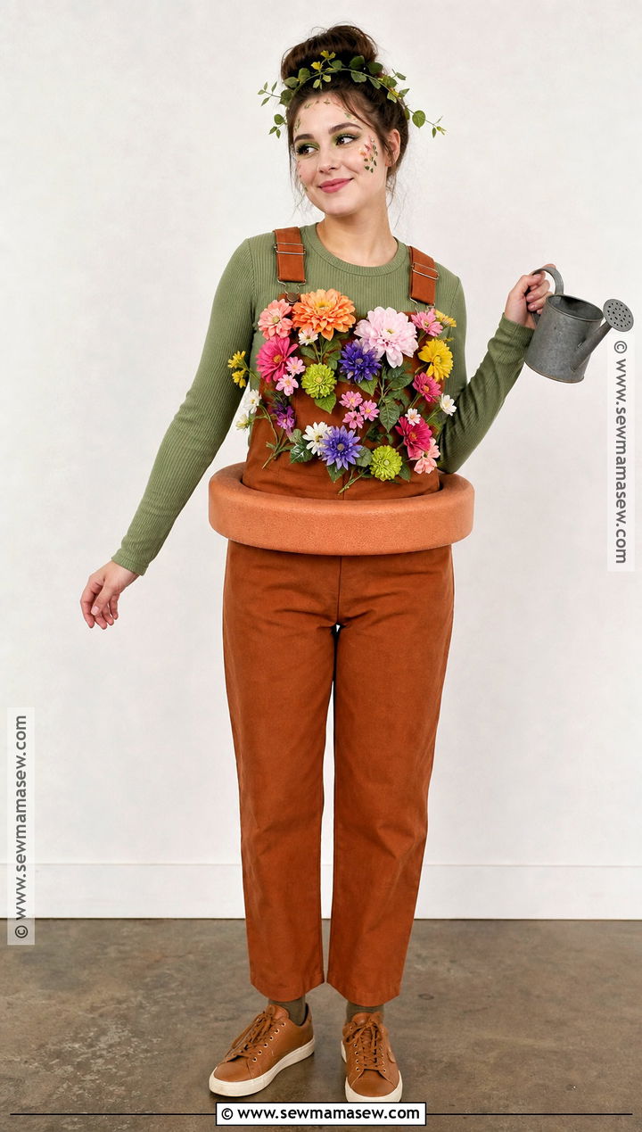 Flower Pot Costume With Brown Overalls - 30 halloween costumes with overalls