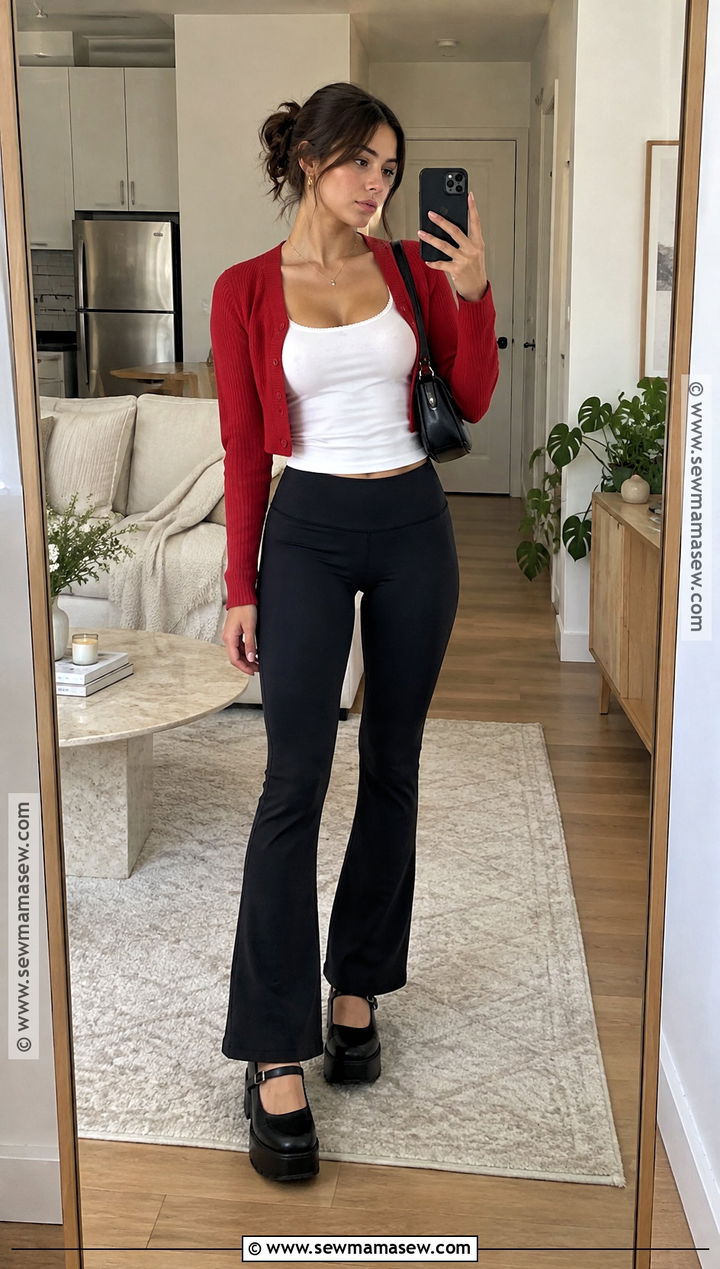 Foldover Flare Leggings And Cropped Cardigan - 25 flare leggings outfit fall