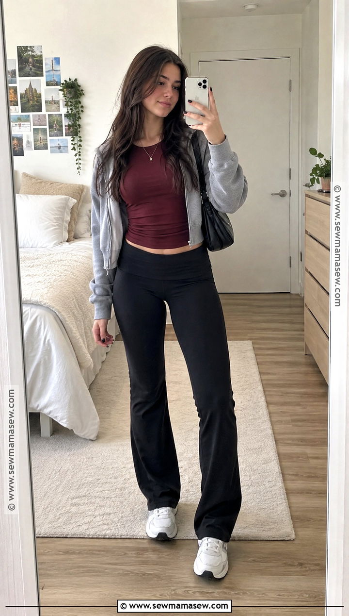 Foldover Yoga Pants With Fitted Tee And Zip Hoodie - 25 yoga pants outfit fall