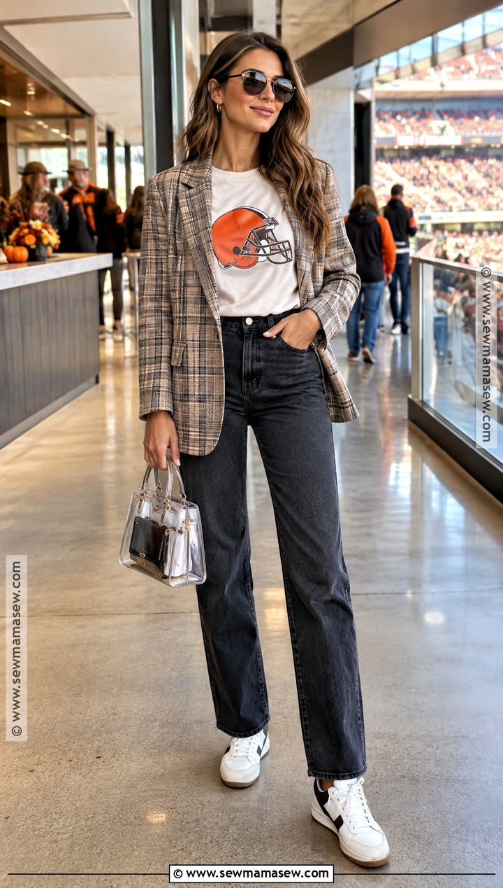 Football Blazer With Team Tee And Jeans - 20 Football Outfits For Women Fall