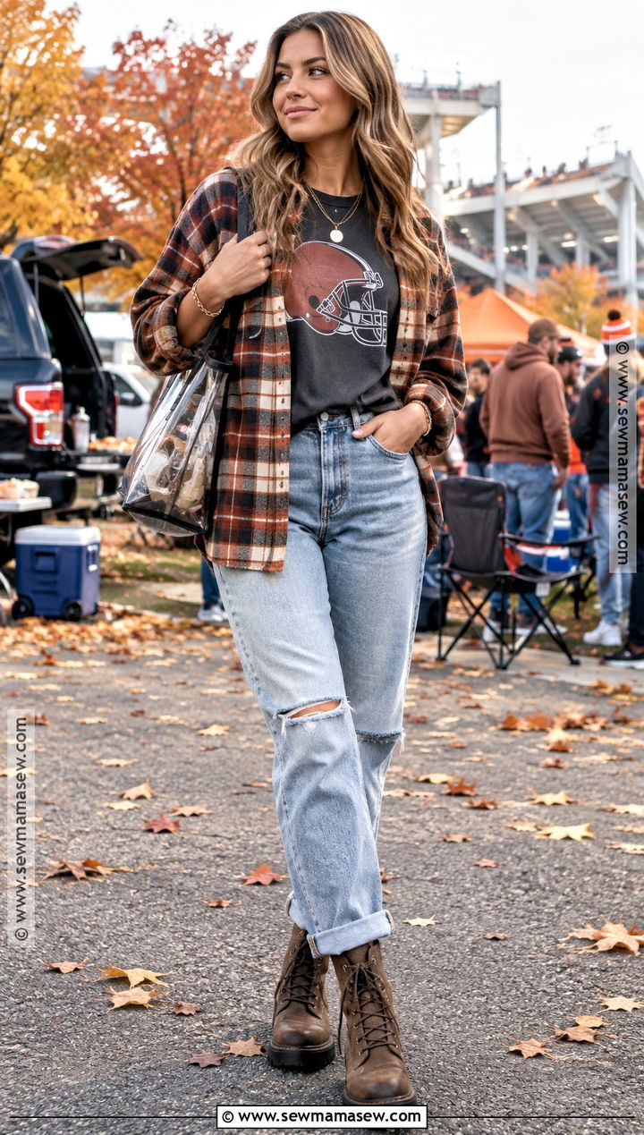 Football Flannel With Graphic Tee And Jeans - 20 Football Outfits For Women Fall
