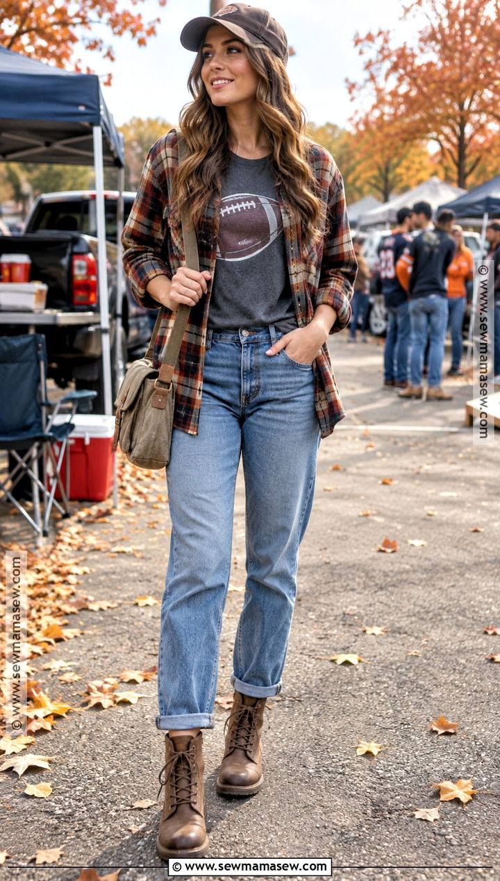 Football Graphic Tee With Flannel Shirt And Jeans - 15 fall football shirts