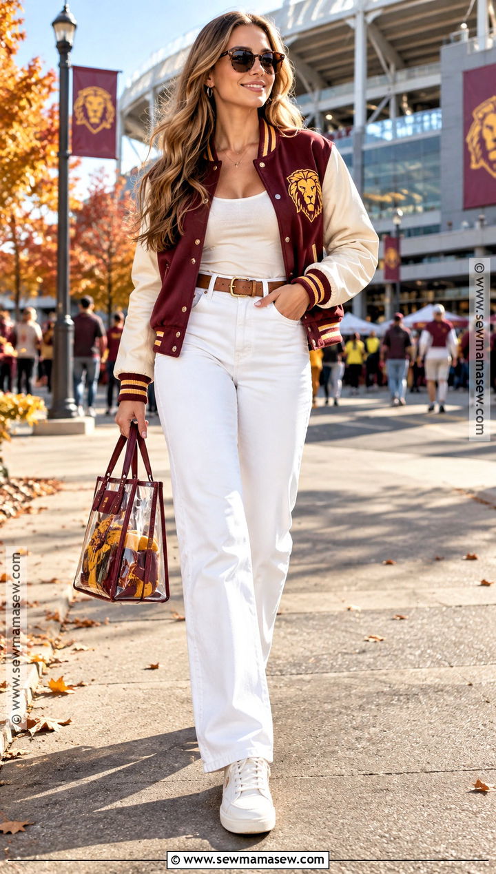 Football Jacket With White Jeans - 20 Football Outfits For Women Fall