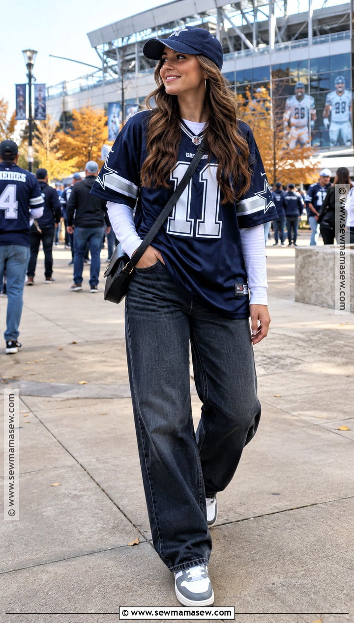 Football Jersey And Wide Leg Jeans Autumn Outfit - 20 autumn outfits sporty