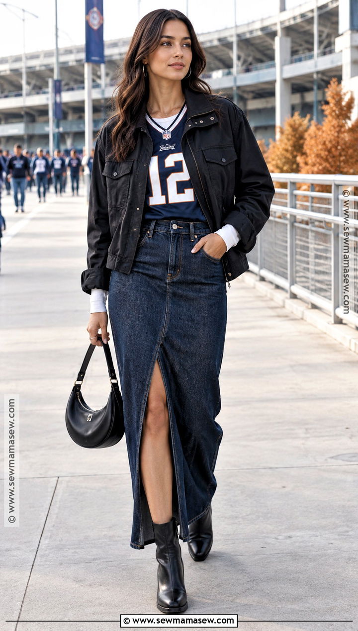 Football Jersey With A Denim Maxi Skirt - 15 Fall Jersey Outfit Ideas