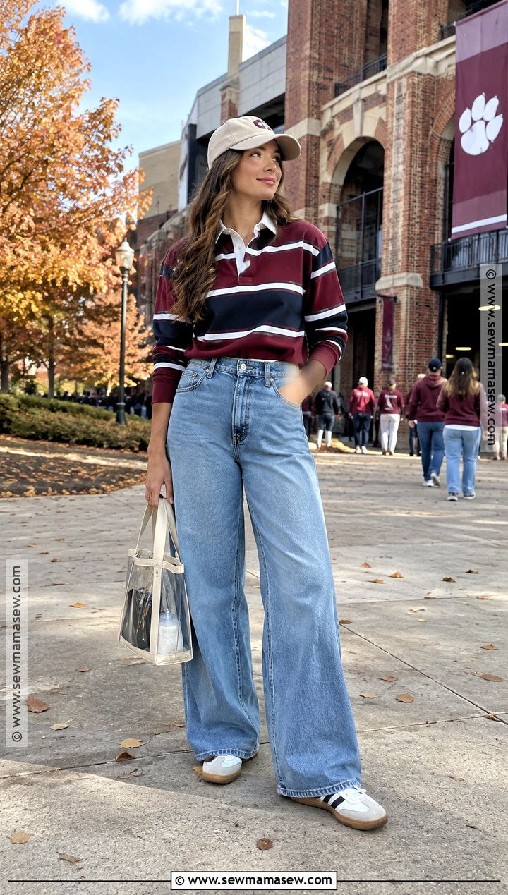 Football Rugby Shirt With Wide Leg Jeans - 20 Football Outfits For Women Fall