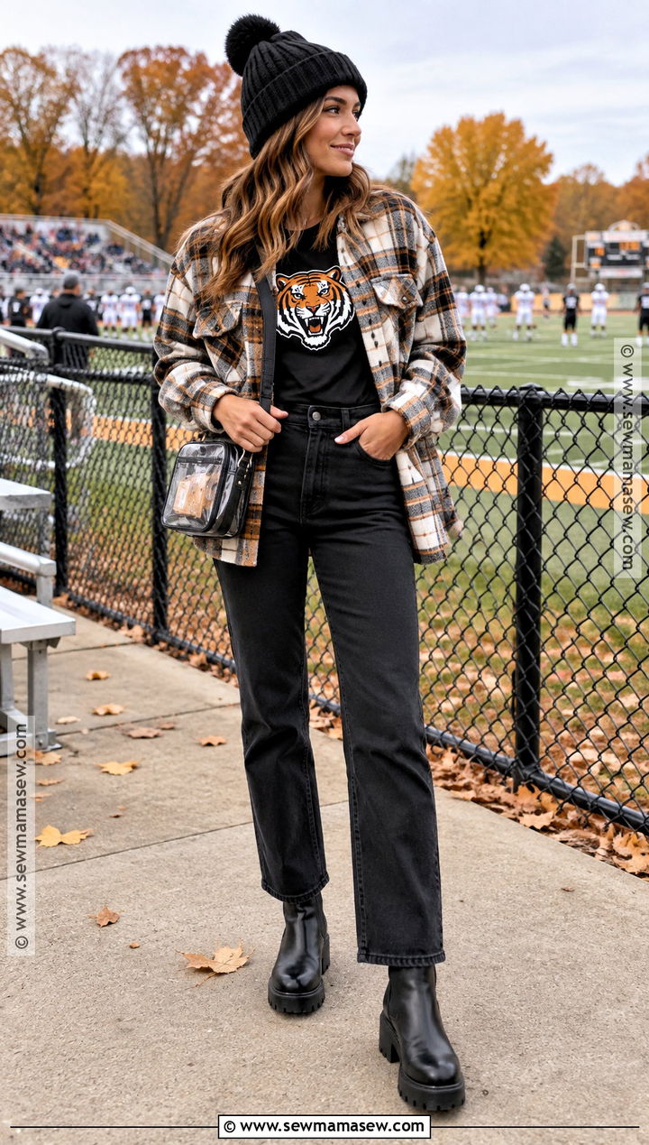 Football Shacket With Black Jeans - 20 Football Outfits For Women Fall