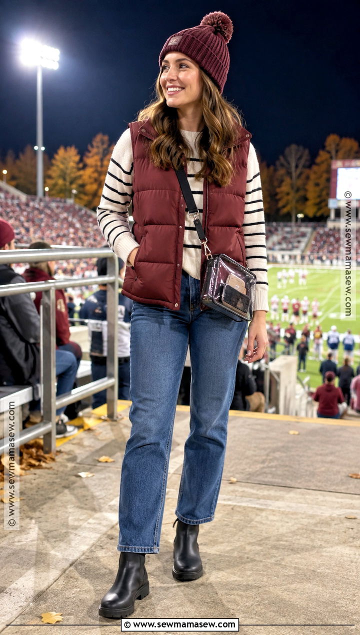 Football Vest With Long Sleeve Shirt And Jeans - 20 Football Outfits For Women Fall