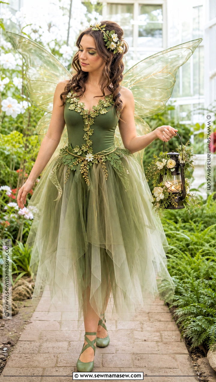 Forest Fairy Costume With Green Tulle Dress - 35 curly hair halloween costume ideas