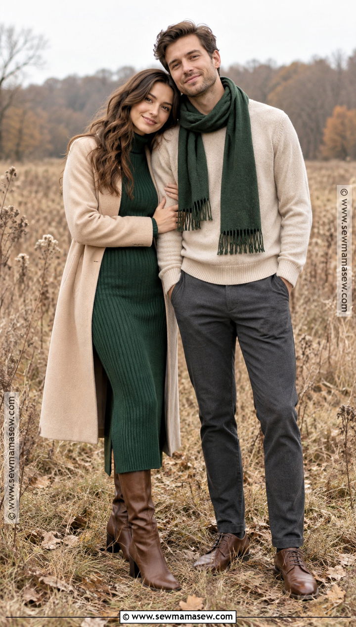 Forest Green And Beige Fall Couple Photoshoot Outfit - 20 couples photoshoot outfits fall