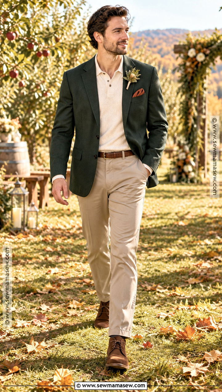Forest Green Blazer And Khaki Pants Fall Groom Outfit - 15 casual fall groom attire ideas