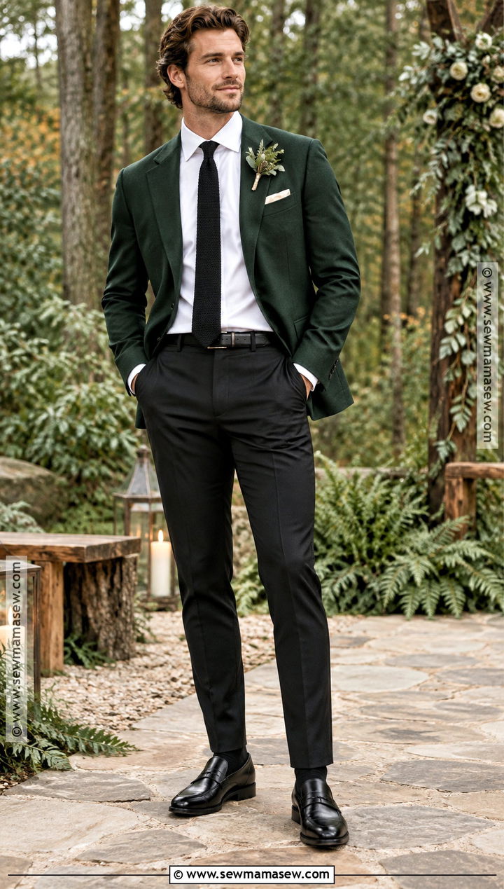 Forest Green Blazer With Black Trousers - 15 fall casual groom attire ideas