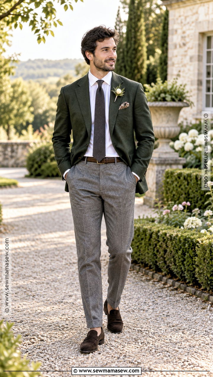 Forest Green Blazer With Gray Trousers - 15 casual fall wedding groom attire ideas