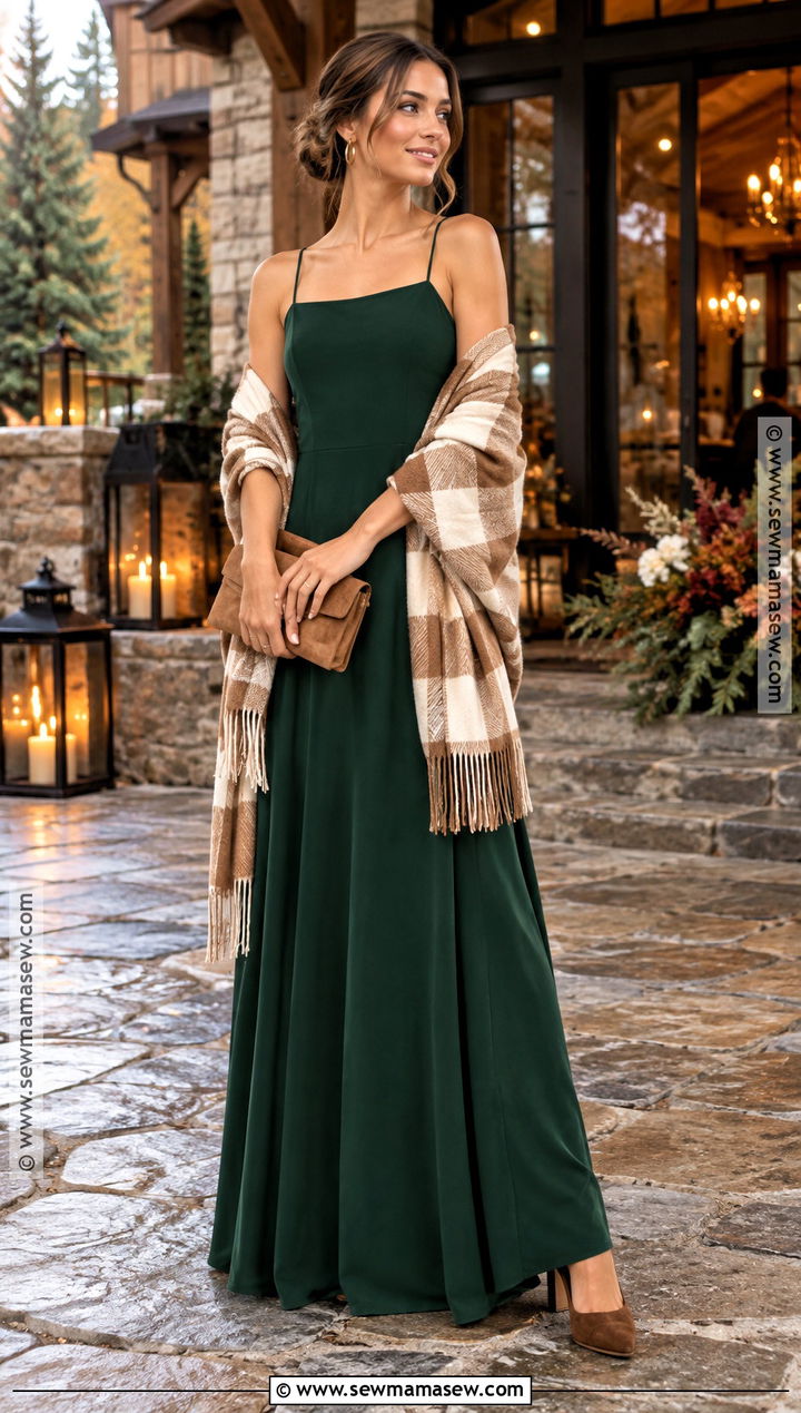 Forest Green Bridesmaid Dress With Plaid Wool Shawl - 15 Bridesmaid Shawls And Wraps Fall Ideas