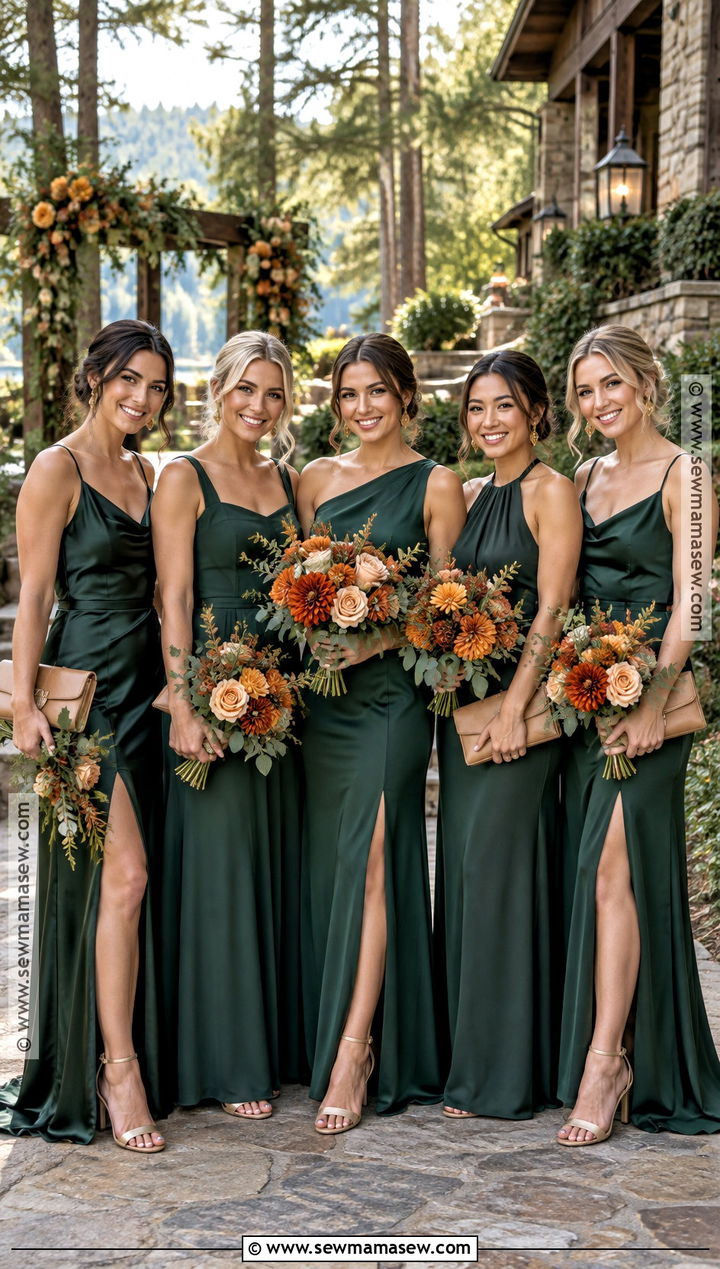 Forest Green Bridesmaid Dresses With Burnt Orange Flowers - 20 wedding color schemes fall september bridesmaid dresses