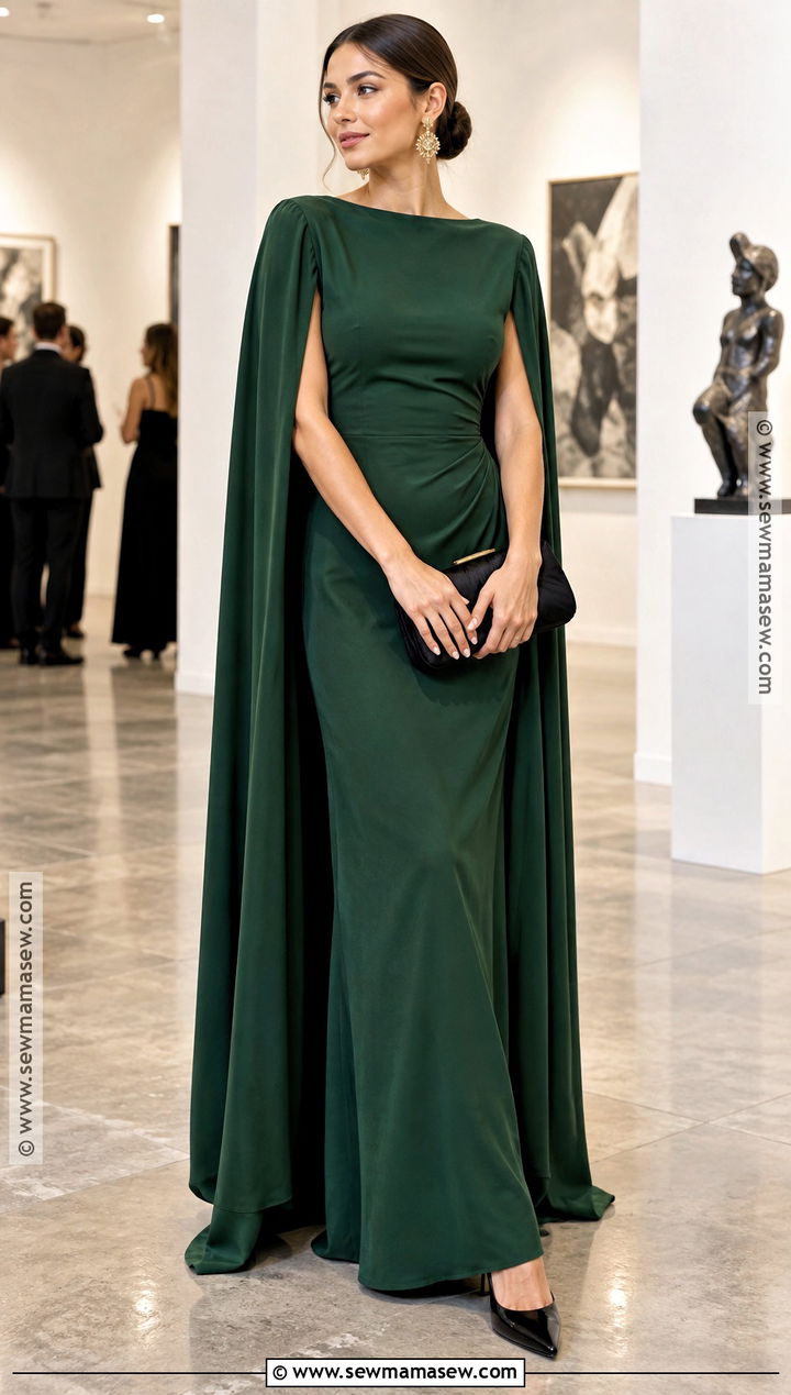 Forest Green Cape Dress Outfit - 15 Black Tie Optional Wedding Guest Dress Fall Ideas