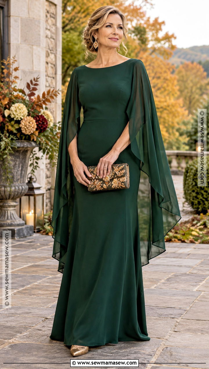 Forest Green Cape Fall Boho Mother Of The Bride Dress - 15 Fall Mother Of The Bride Dresses Boho